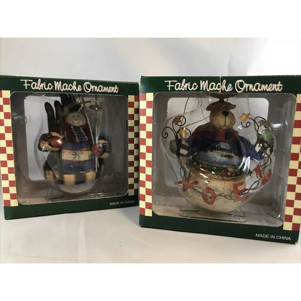 2 Fabric Mache Christmas Ornaments w/ Original Boxes